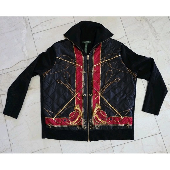 Lauren Ralph Lauren Quilted Equestrian Jacket Sweater 3X Zip Black Red Gold - Picture 11 of 11